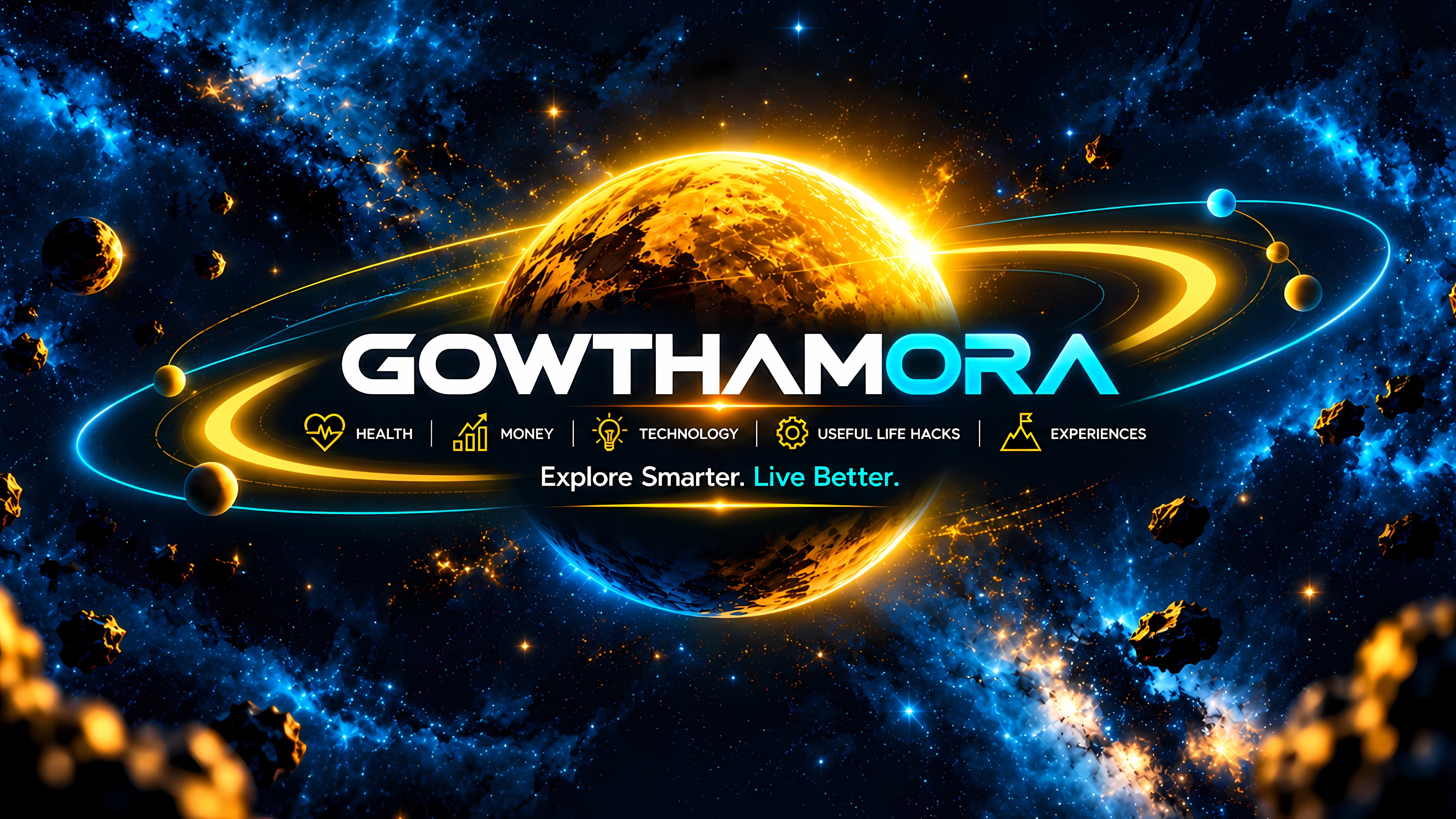 Gowthamora channel art: a golden planet circled by an orbit, with the words Explore Smarter. Live Better.